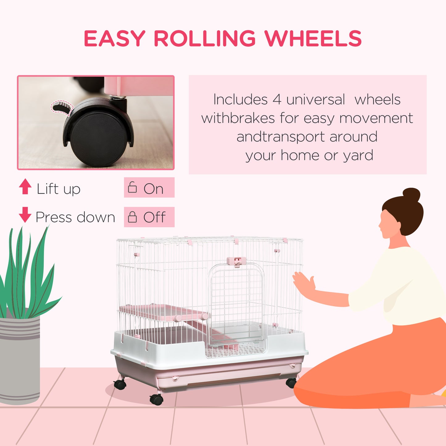 Small Animal Cage with Wheels, Removable Tray & Ramp for Rabbits, Ferrets, Chinchillas - Pink, 864x602x275mm