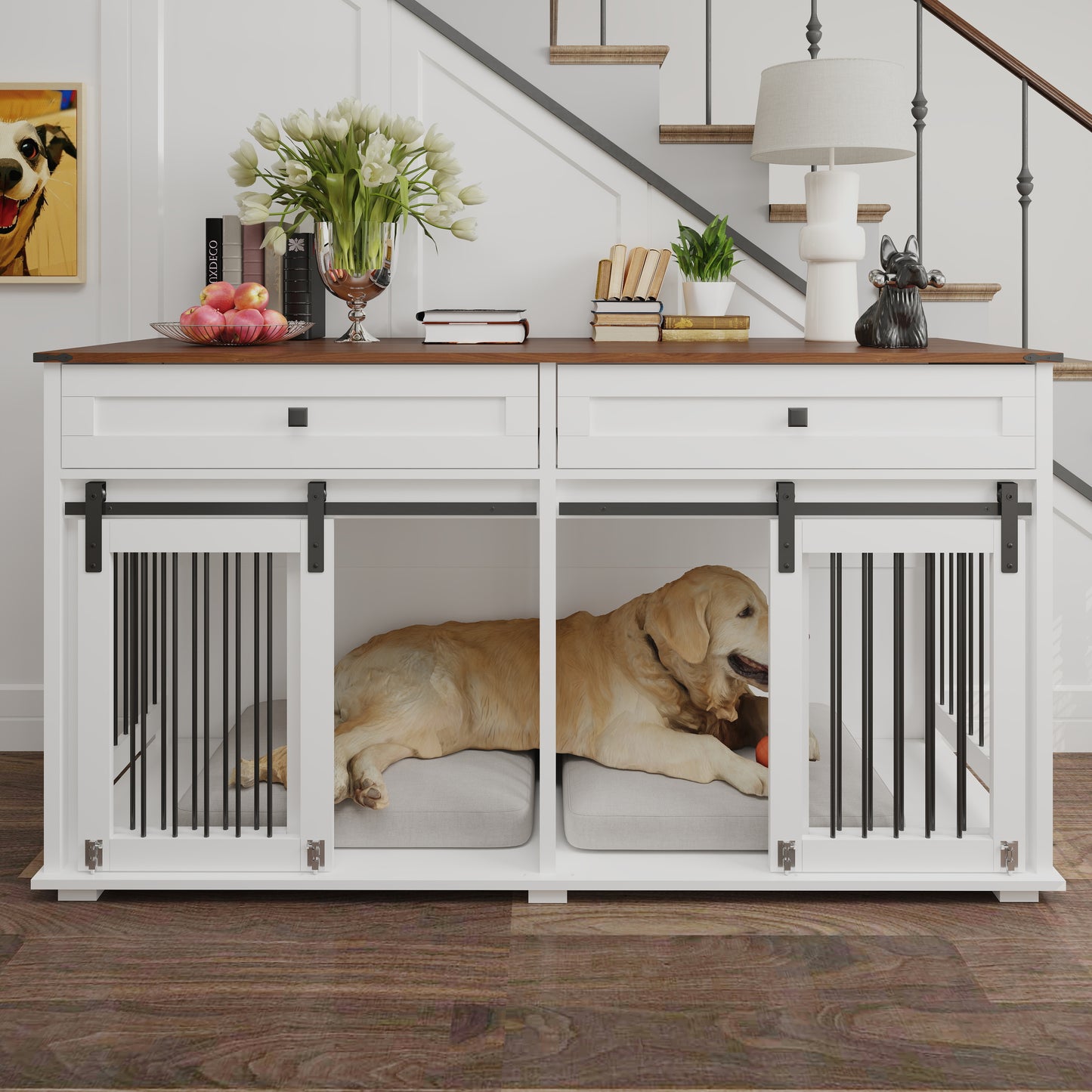 Large Wooden Dog Crate Furniture for Double Dogs with Storage, Divider & Sliding Doors