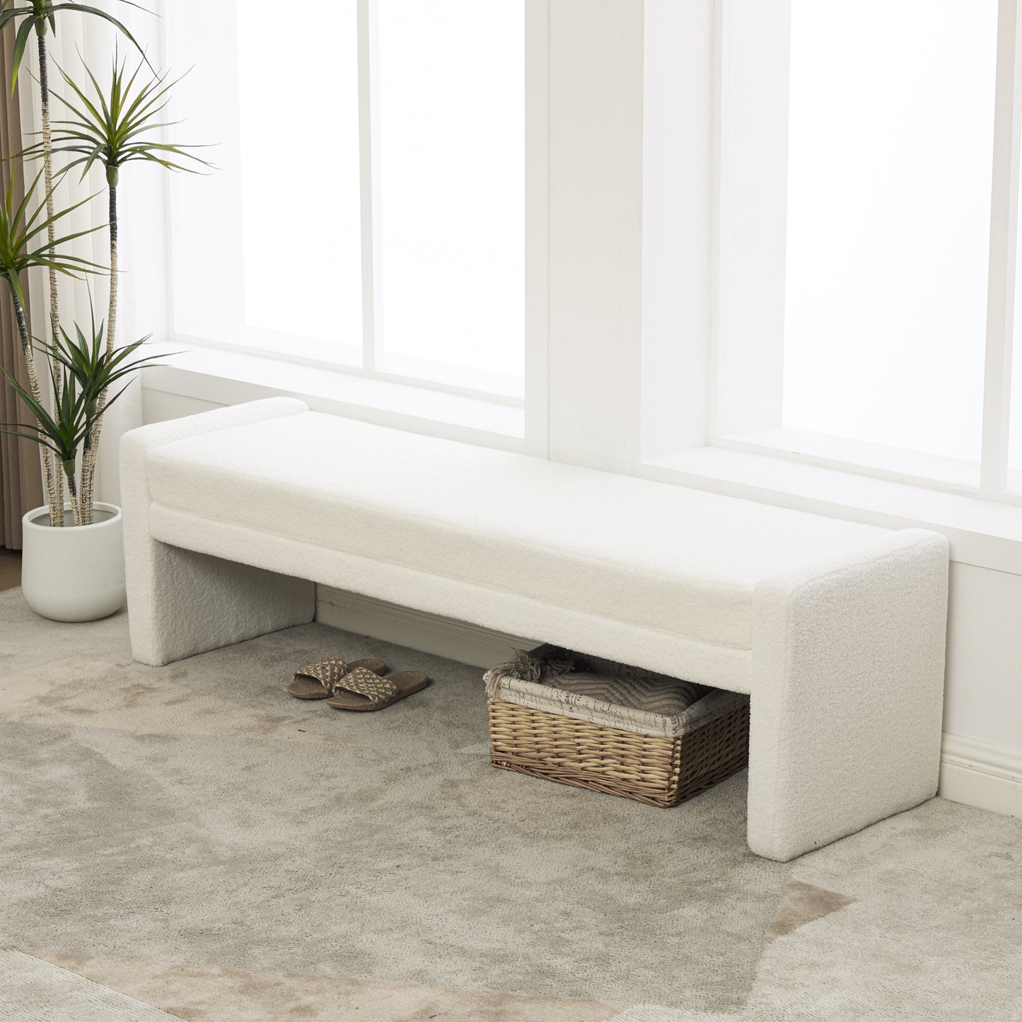 66.9" Modern Upholstered Cozy Boucle Bench - Ivory