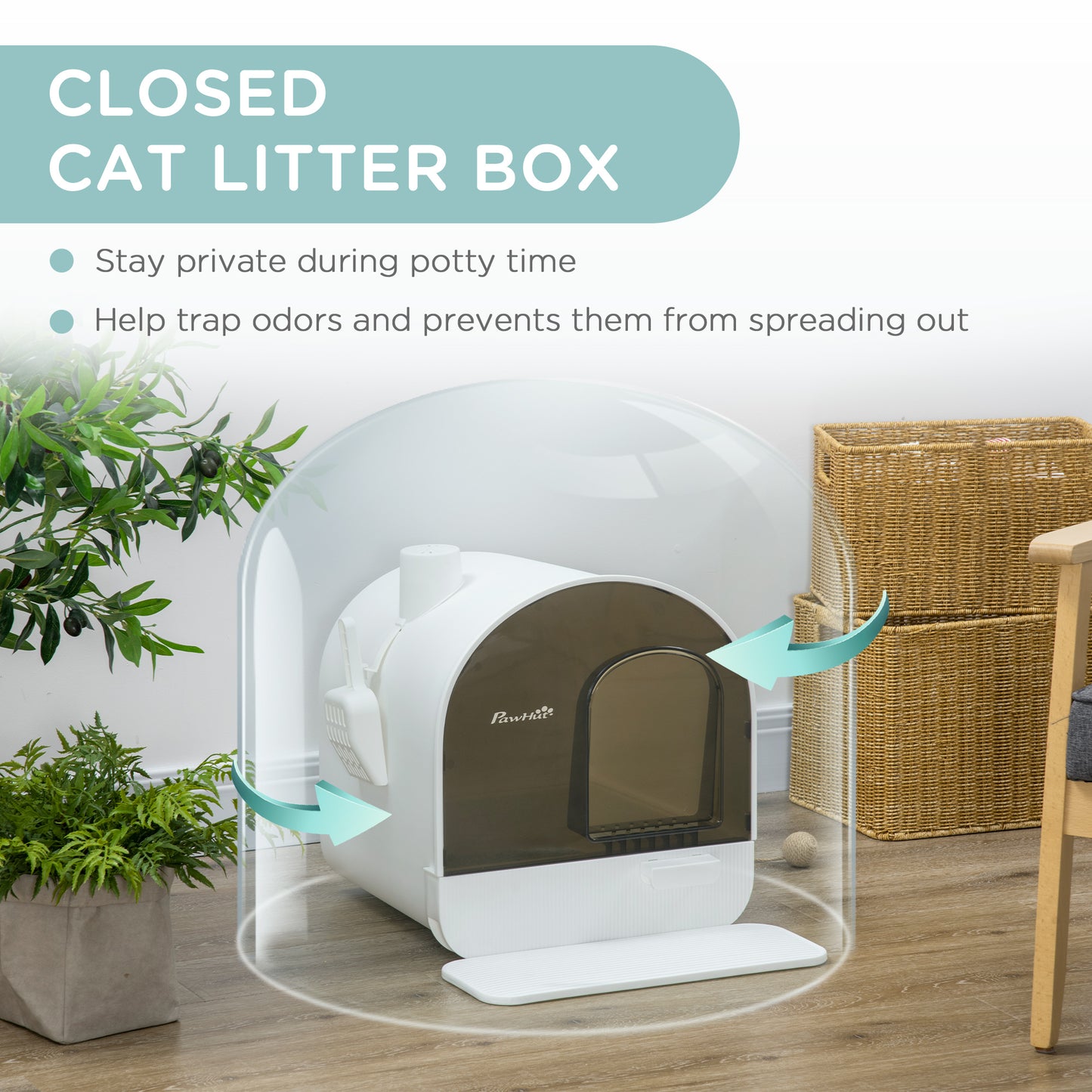 Hooded Cat Litter Box with Lid, Scoop & Filter - White, 475x455x460mm