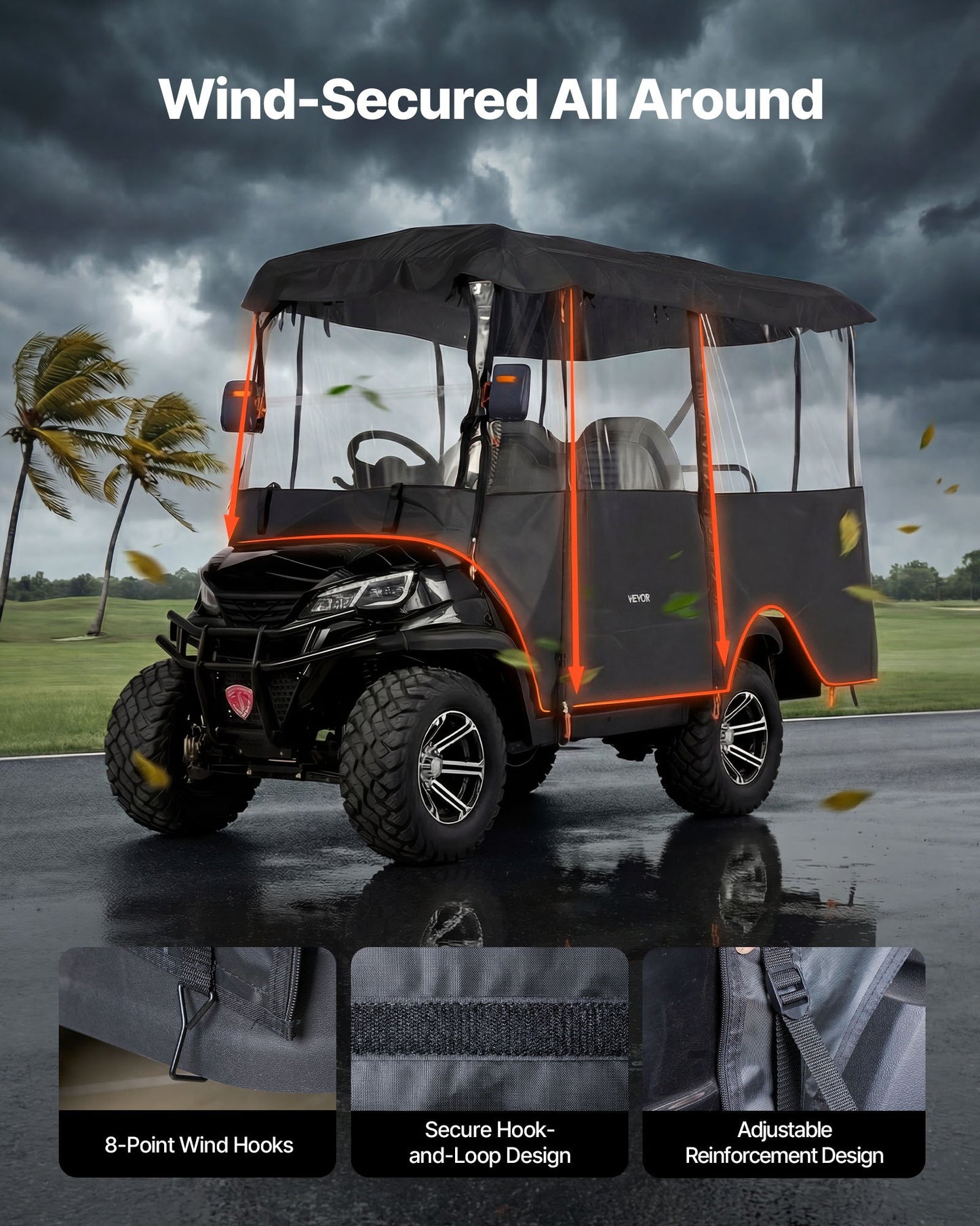 Waterproof Golf Cart Cover for 2-4 Passenger Enclosure with Windproof Hooks - Fits Most Models