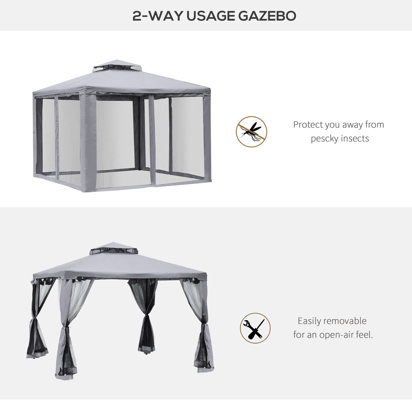 9.6' x 9.6' Outdoor Gazebo Canopy with 2-Tier Roof & Netting