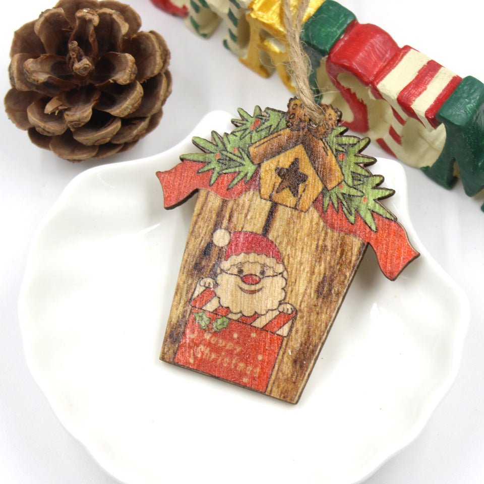 Wooden House Shape Santa Elk Christmas Pendant Set - Festive Decor