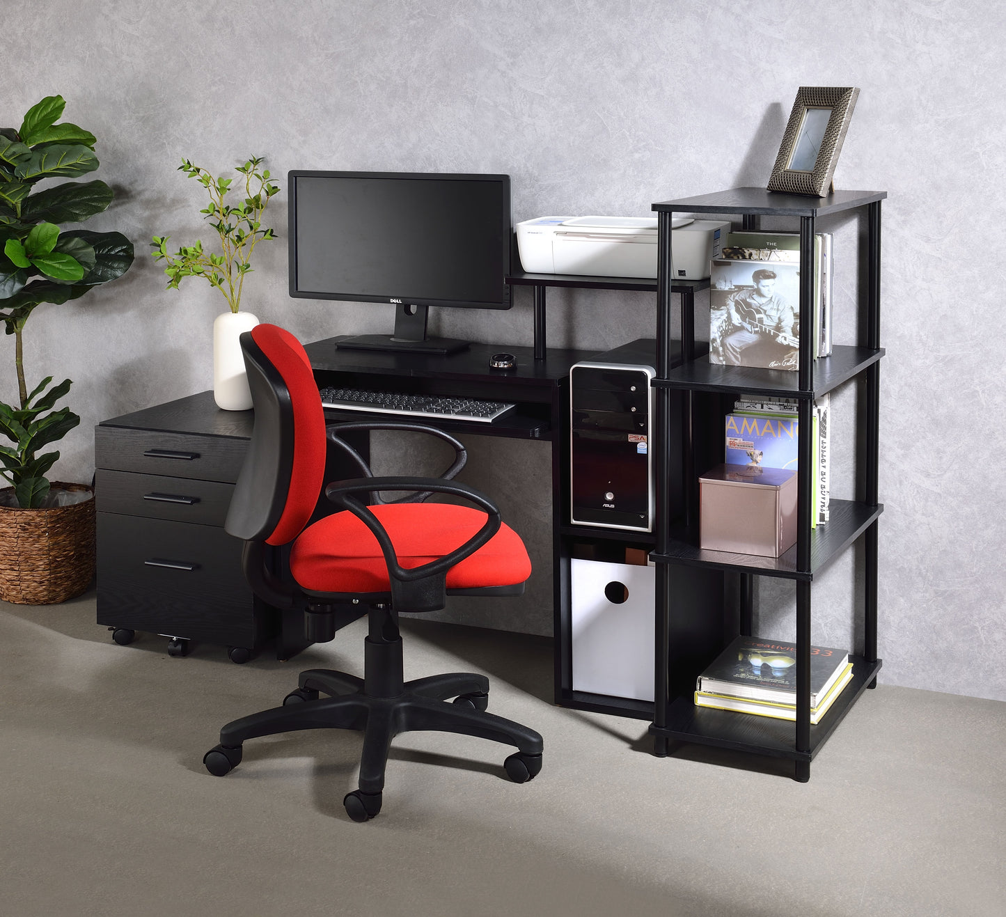 Black Finish Computer Desk with Shelf and Keyboard Tray