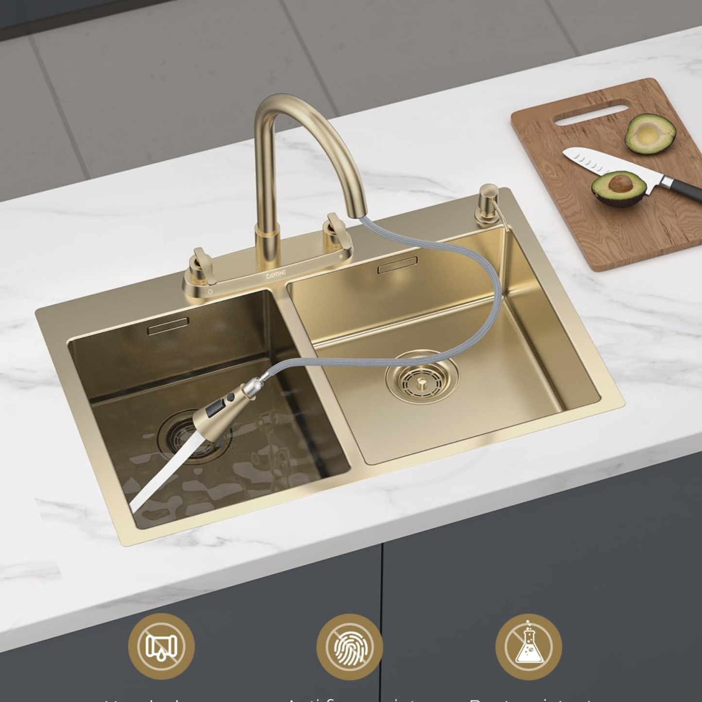 Brushed Gold Kitchen Faucet with Pull Down Sprayer and Soap Dispenser