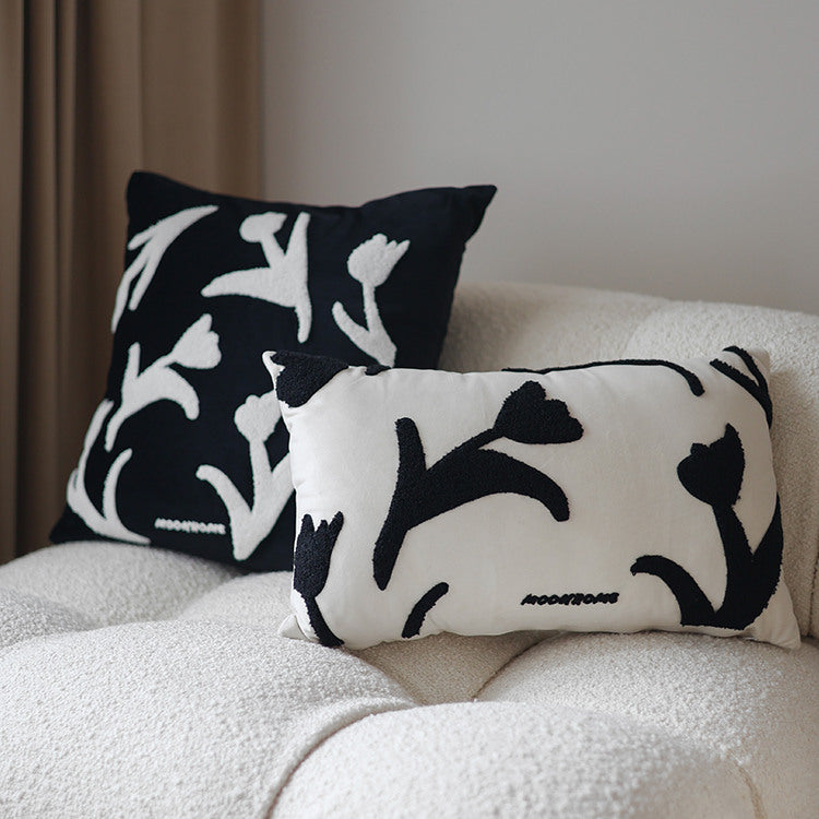 Versatile Hand-Painted Embroidered Sofa Pillowcase Set - Black & White, 30x50cm or 45x45cm