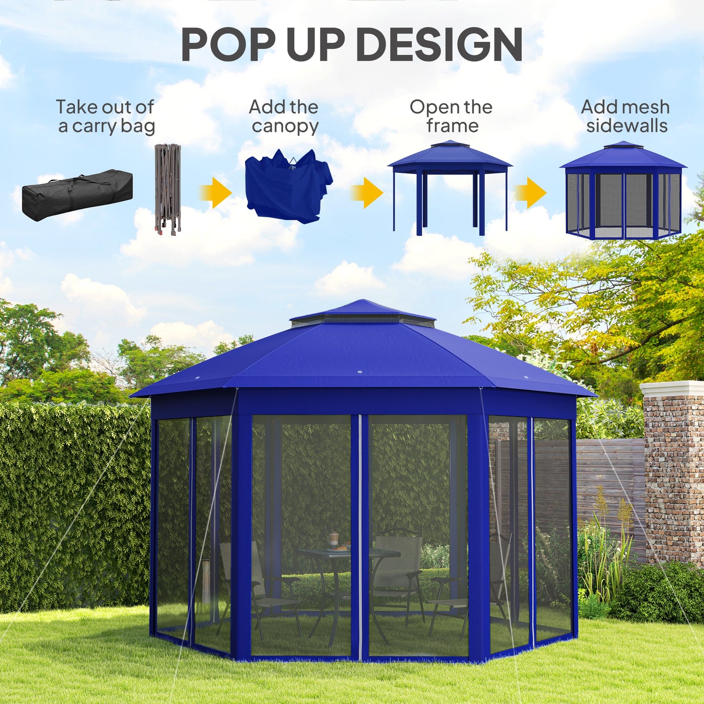 13' Hexagonal Pop Up Gazebo Canopy with Mesh Sidewalls - Blue