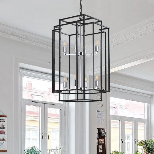 8-Lantern Farmhouse Chandeliers with Adjustable Height Black Iron Fixture