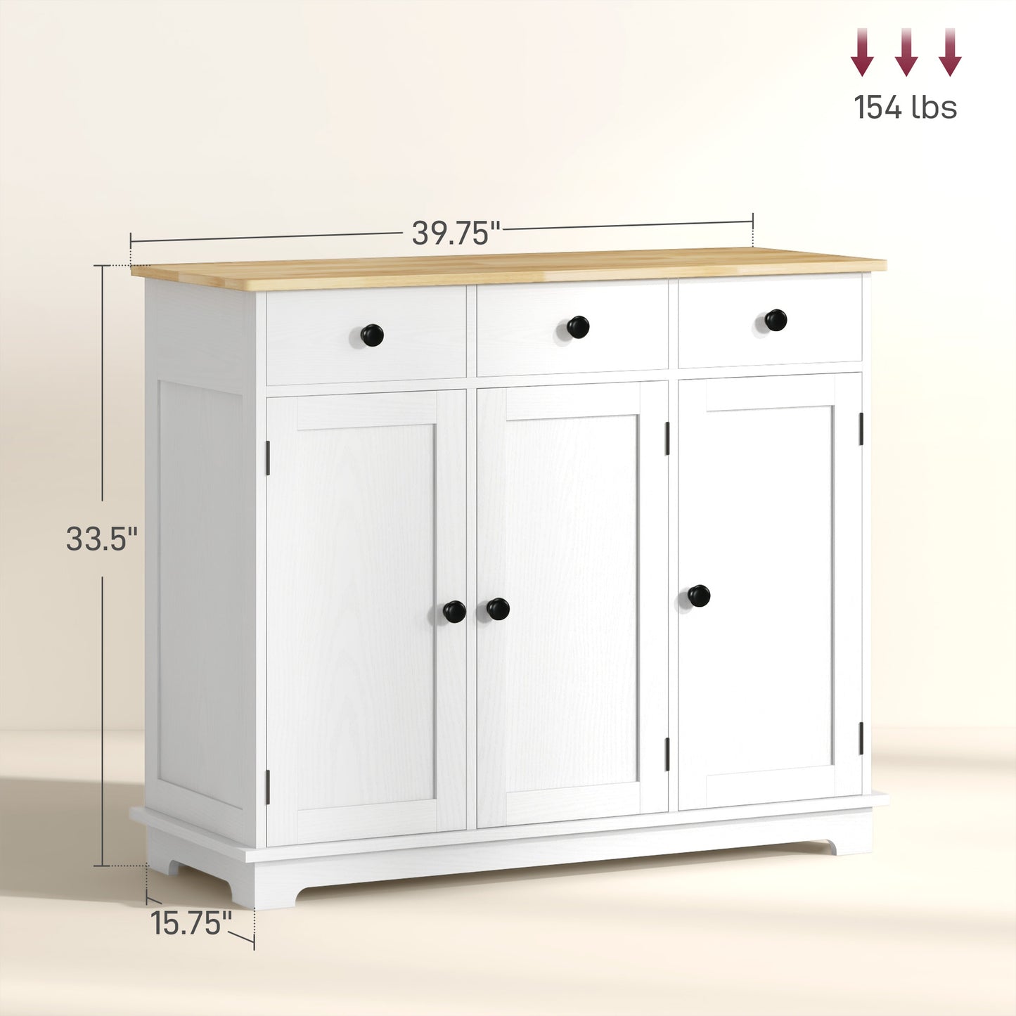 Kitchen Storage Cabinet with Adjustable Shelf & 3 Drawers - Distressed White