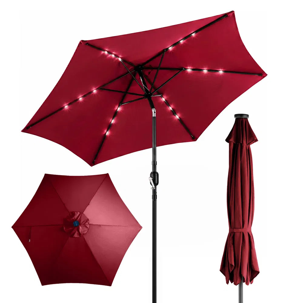 9ft Solar LED Patio Umbrella - Waterproof Burgundy with Tilt & Crank