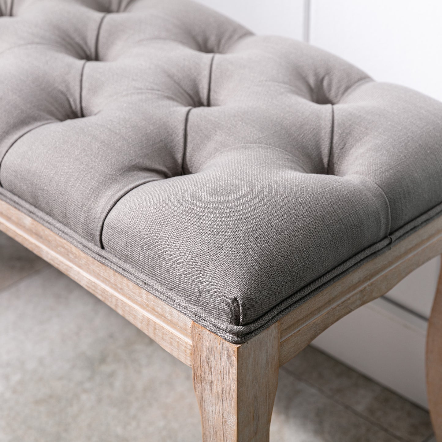 French Vintage Upholstered Bench - Grey Linen, 43.3"