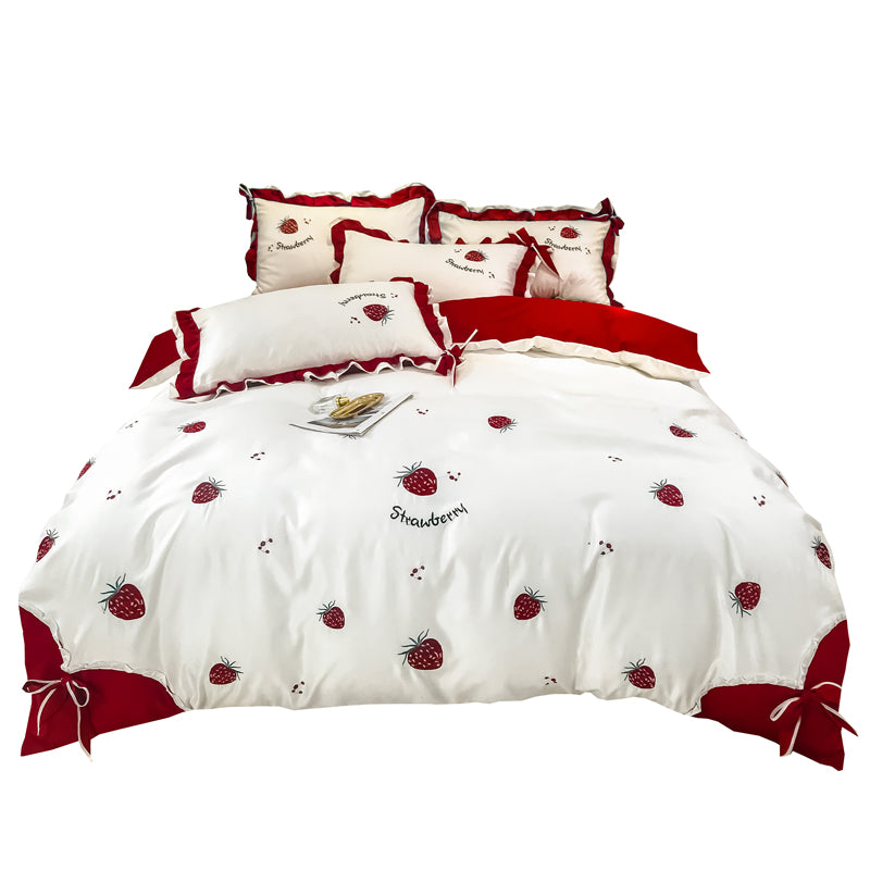 Cotton Embroidery Duvet Cover Set - Four-Piece Bedding with Strawberry Design