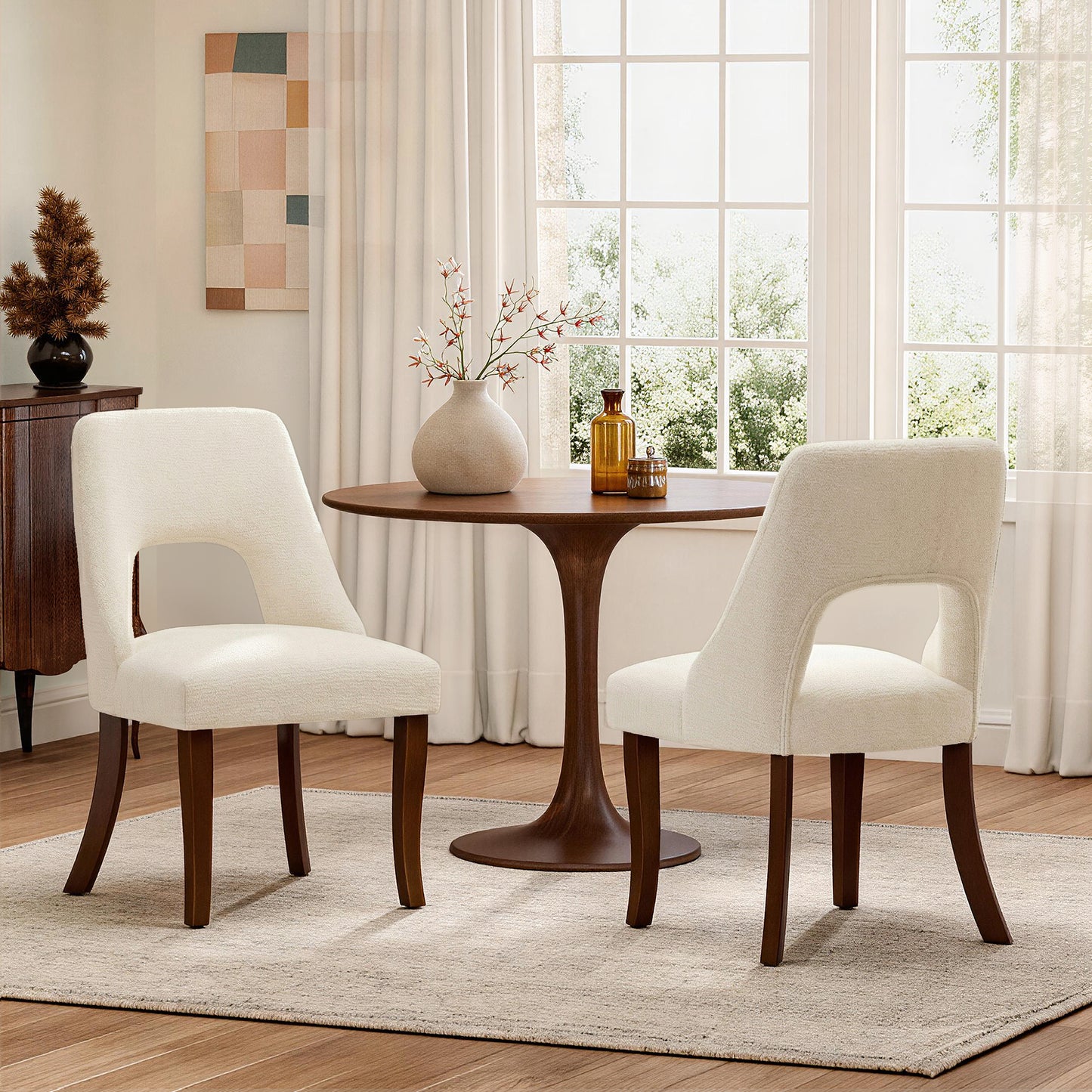 Upholstered Dining Chair Set of 2 - Beige Chenille & Wood Legs