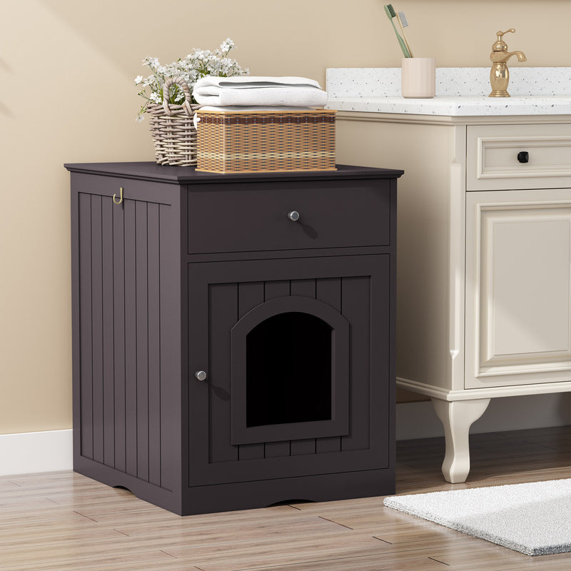Black Wooden Cat Litter Box Enclosure with Drawer & Side Table - Indoor Pet Nightstand