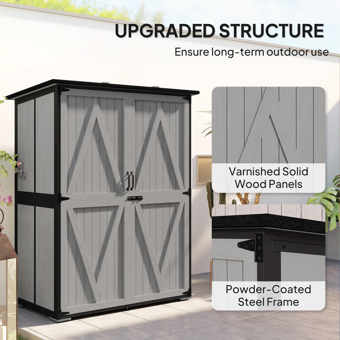 Wood Storage Shed, Outdoor Garden Shed With Asphalt Roof, 2 Shelves,