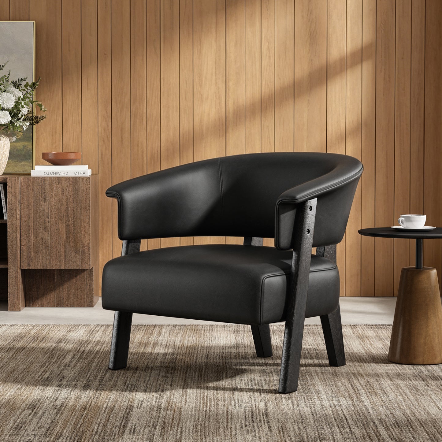 Faux Leather Wingback Accent Chair - Comfy Upholstered Armchair, Black