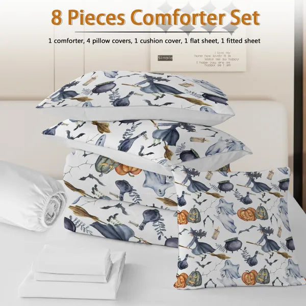 Halloween Witch Pattern Bedding Set - Queen Size, 8 Pieces