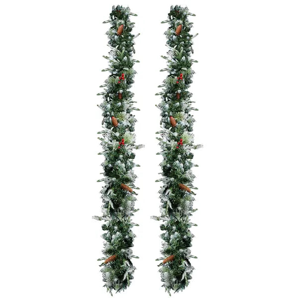 9FT Pre-Lit Snow Flocked Christmas Garland - 2 Pack with 200 Lights & Red Berries