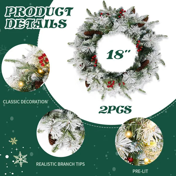 Pre-lit Artificial Christmas Wreath - 18in with Warm Lights & Berries