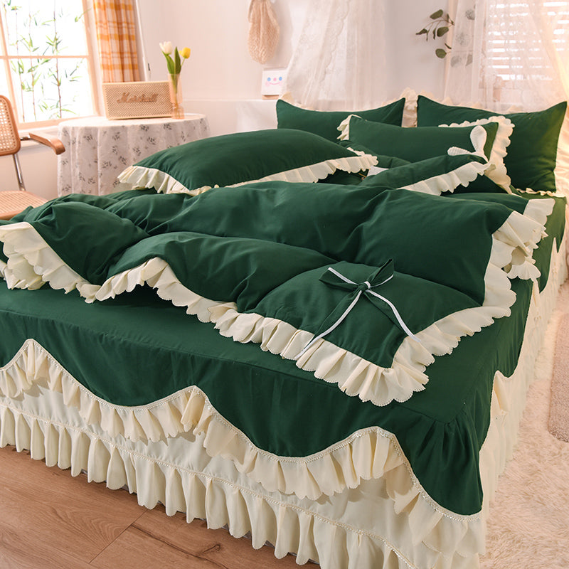 Luxury Four-Piece Lotus Leaf Lace Bed Sheet Duvet Cover Set with Bed Skirt