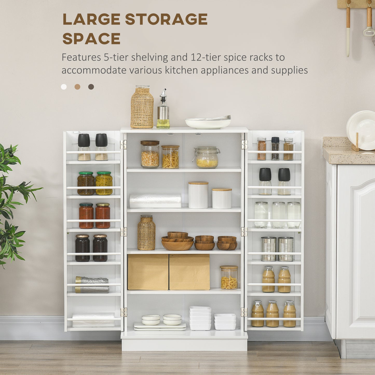 Freestanding Kitchen Pantry Cabinet with 5-Tier Shelving - White