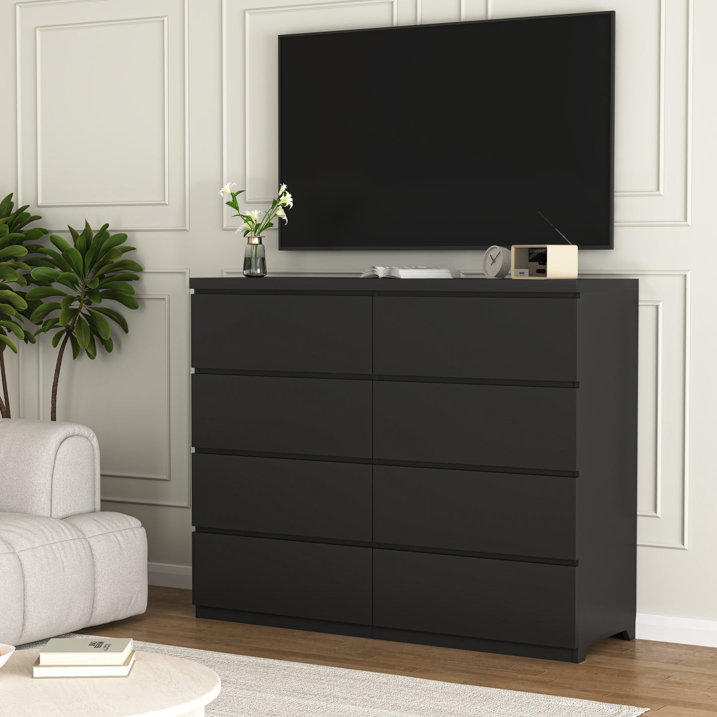 8-Drawer Black Dresser - Modern Wood Chest for Bedroom