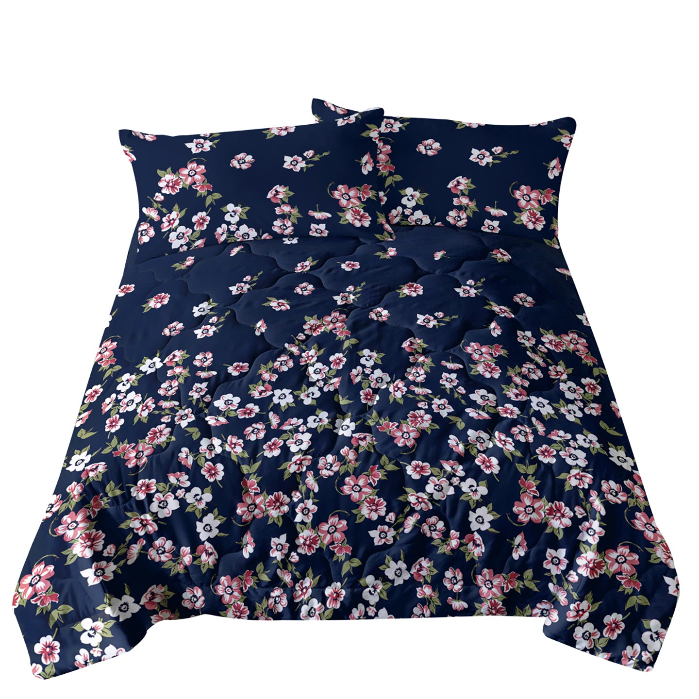 Floral Comforter Set - Dark Blue Queen Size with 2 Pillowcases