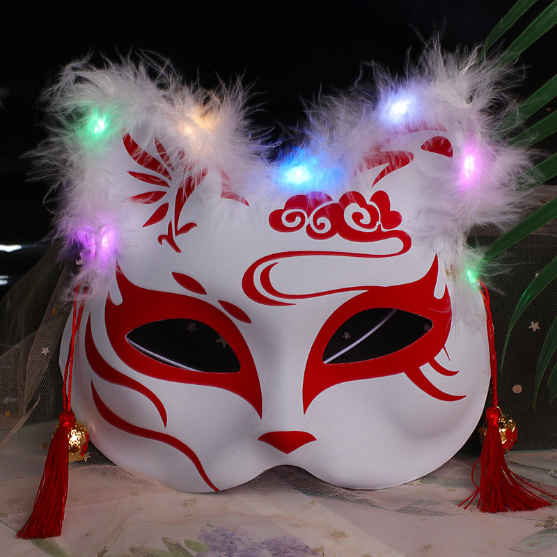 Halloween Party Luminous Feather Fox Mask Two-Faced Cat Face Mask