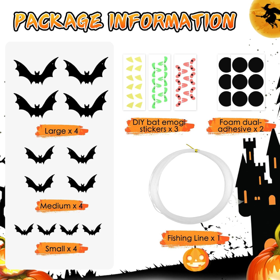 12-Pack Hanging Bat Halloween Decorations - Weather-Resistant Flying Bat Decor for Outdoor Yard & Indoor Party