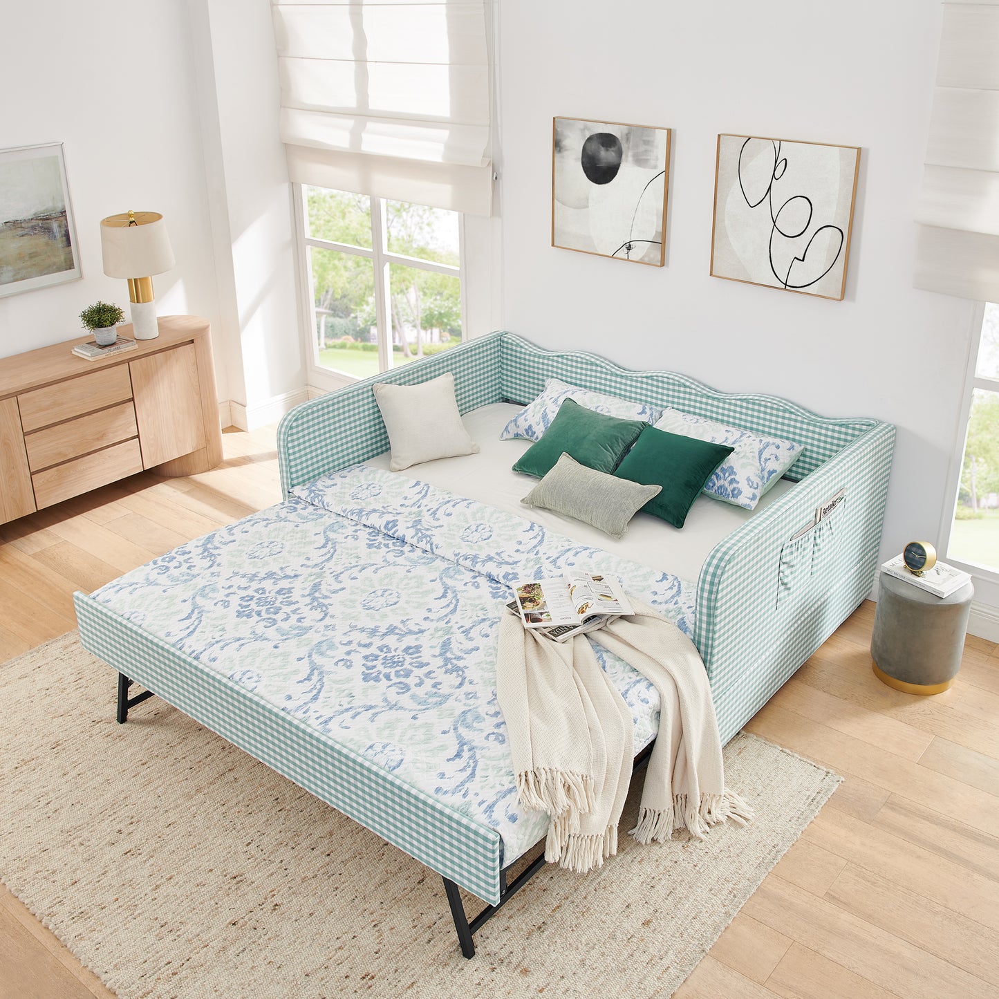 Full-Size Gingham Upholstered Daybed with Pull-Out Trundle & Storage - Cyan