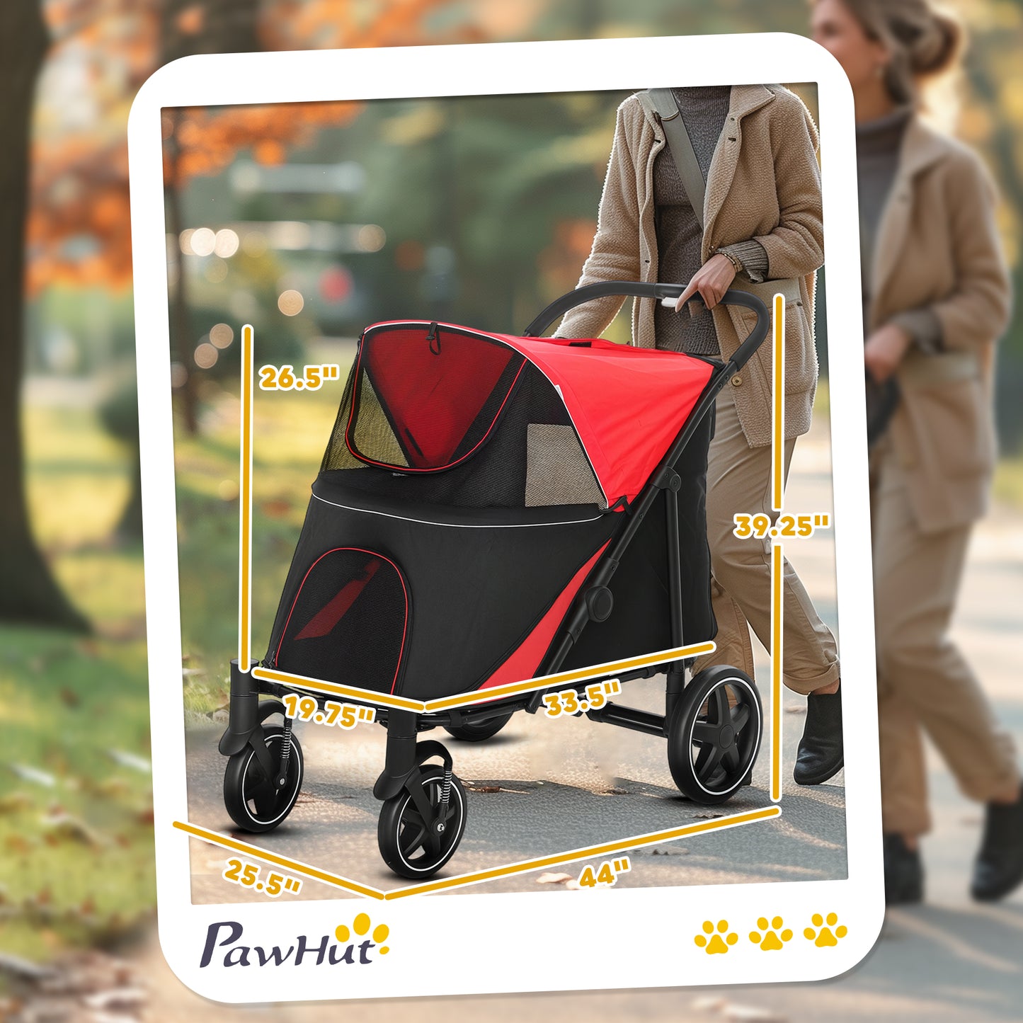 Large Dog Stroller Foldable Pet Carrier with Mesh Windows & Shock Absorption - Red
