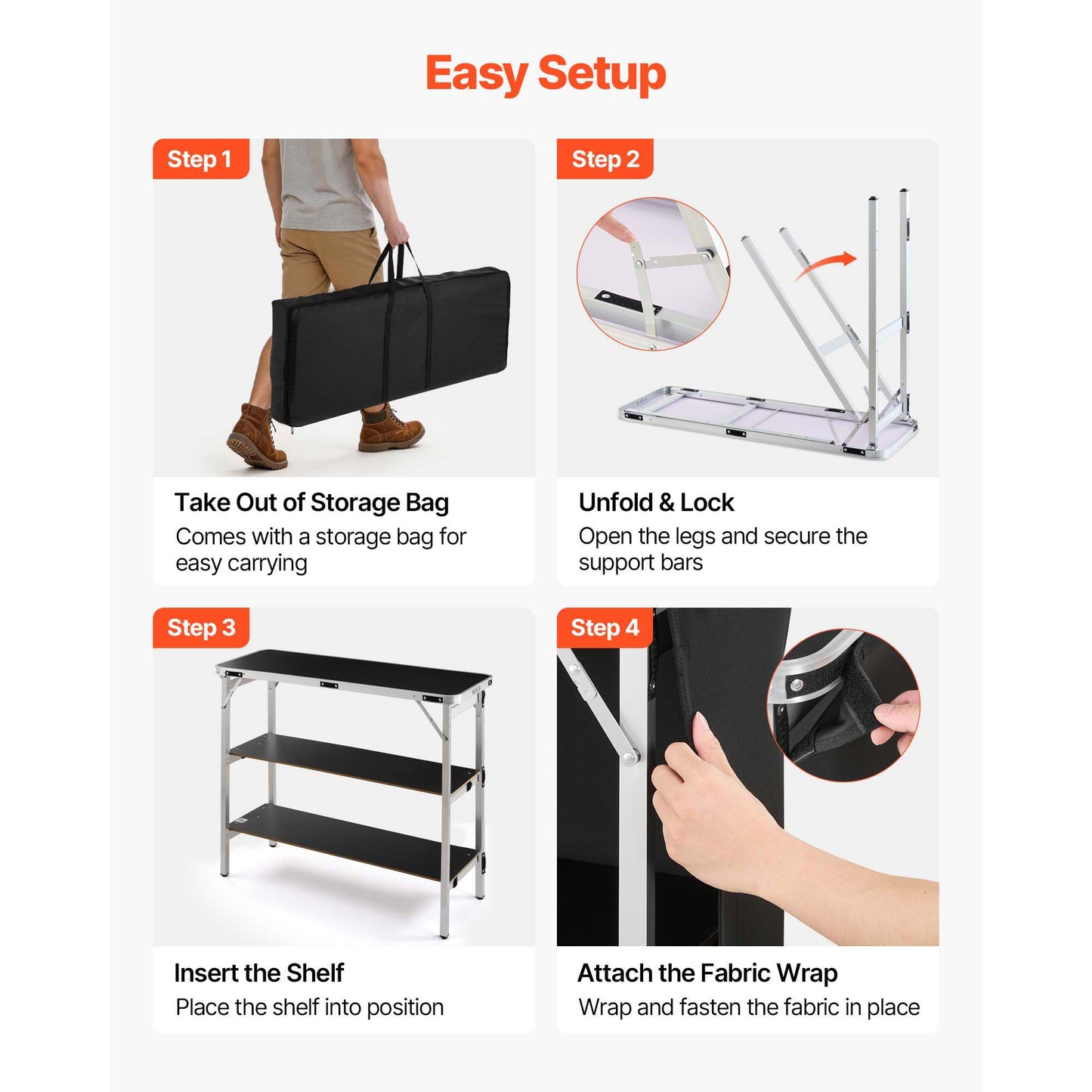 Foldable Portable Bar Table 43.3 x 15.2 x 34.8 Inches with Storage Shelves & Carry Bag