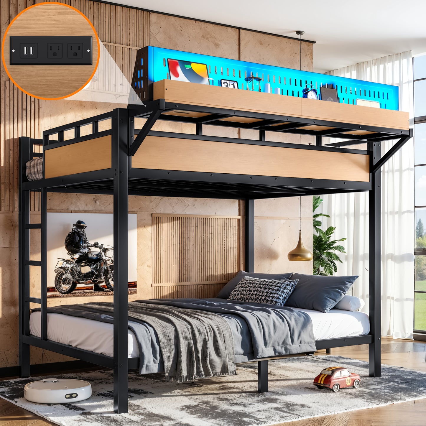 Full Over Full Metal Bunk Bed with Storage, USB Ports & LED Lights - Natural