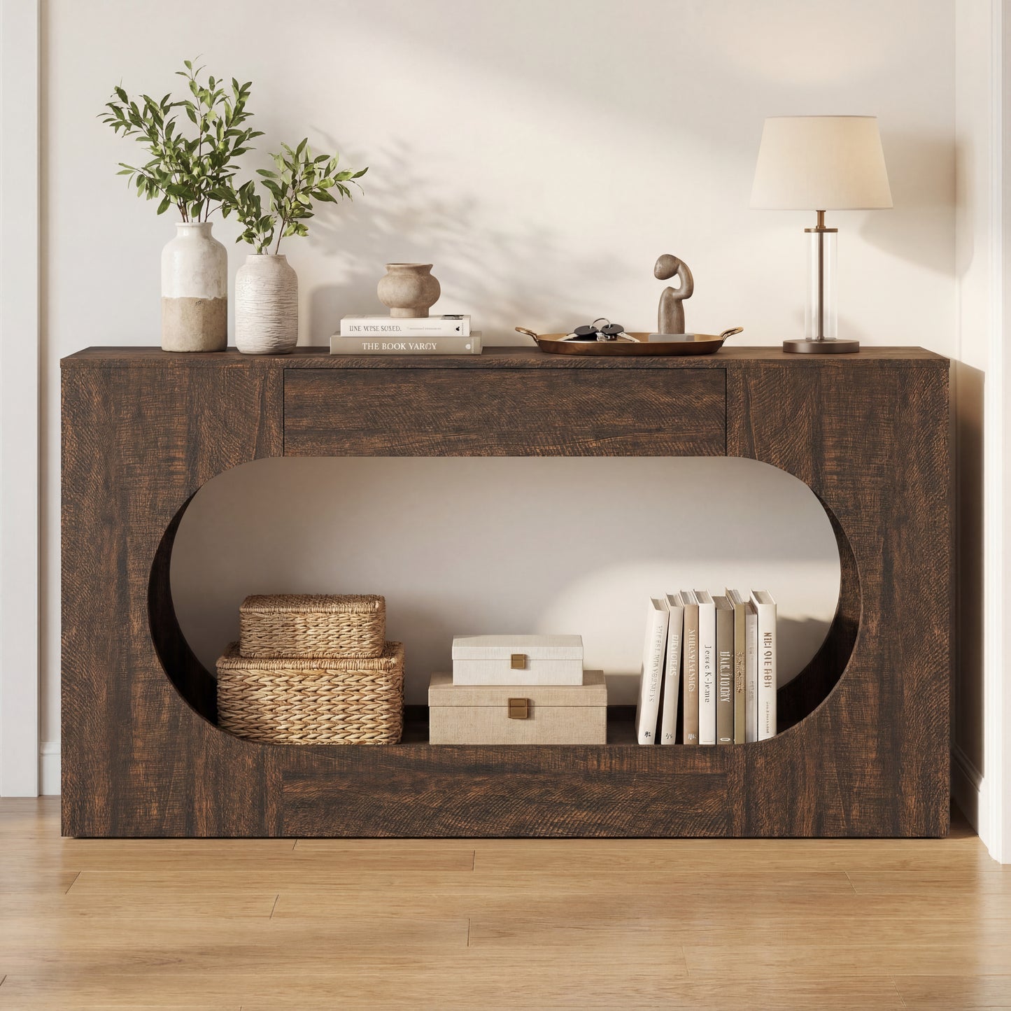 Narrow Walnut Wood Grain Console Table with Drawer - 63"