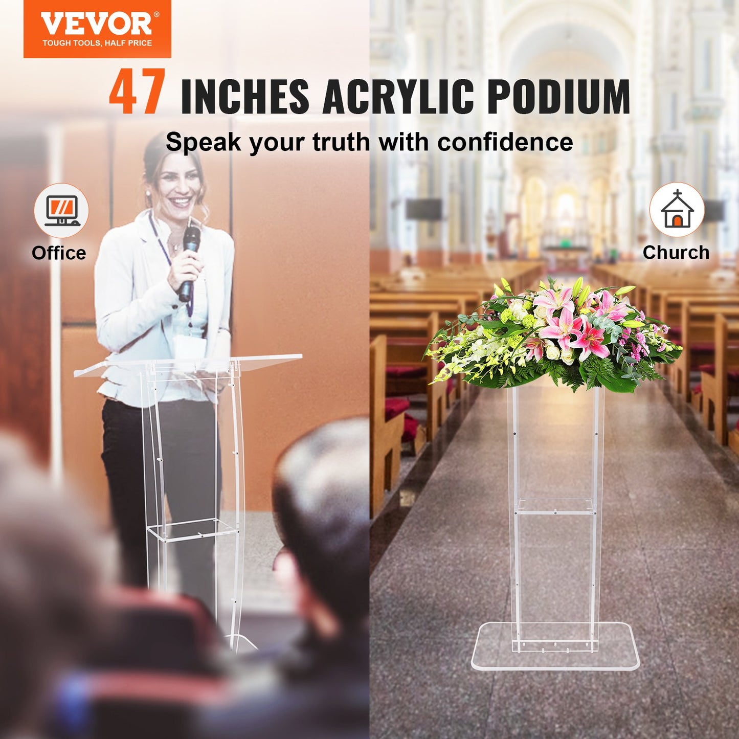 47-Inch Clear Acrylic Podium Stand with Storage Shelf