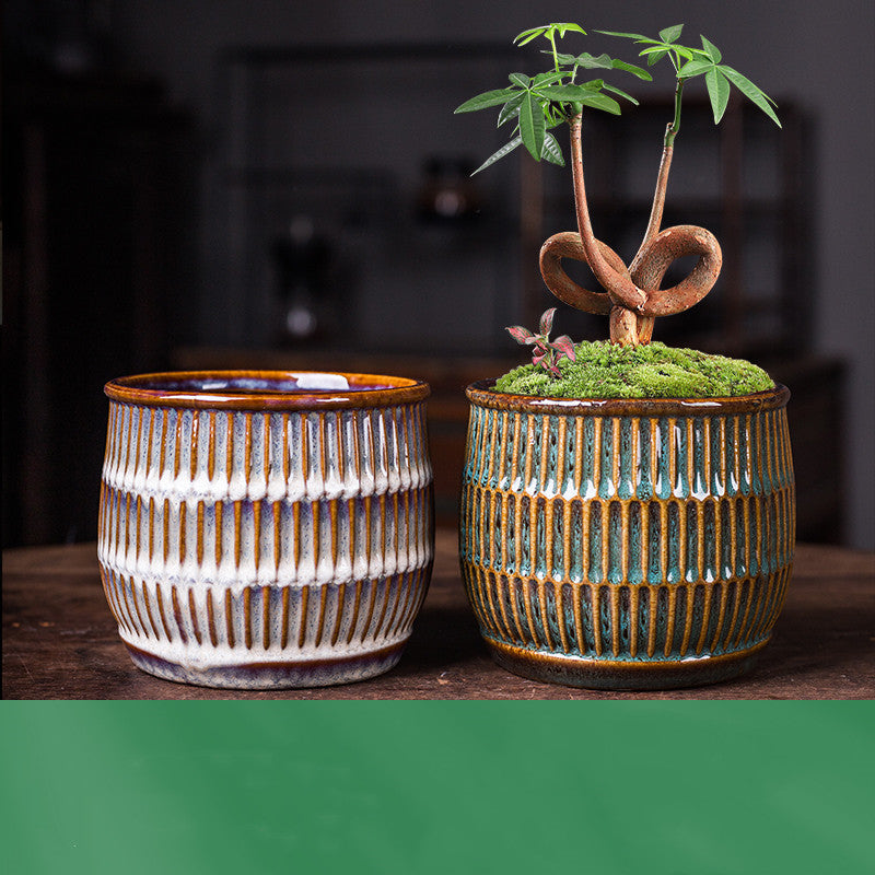 Ceramic Cylindrical Bonsai Pot for Orchids and Green Plants - Chinese Style