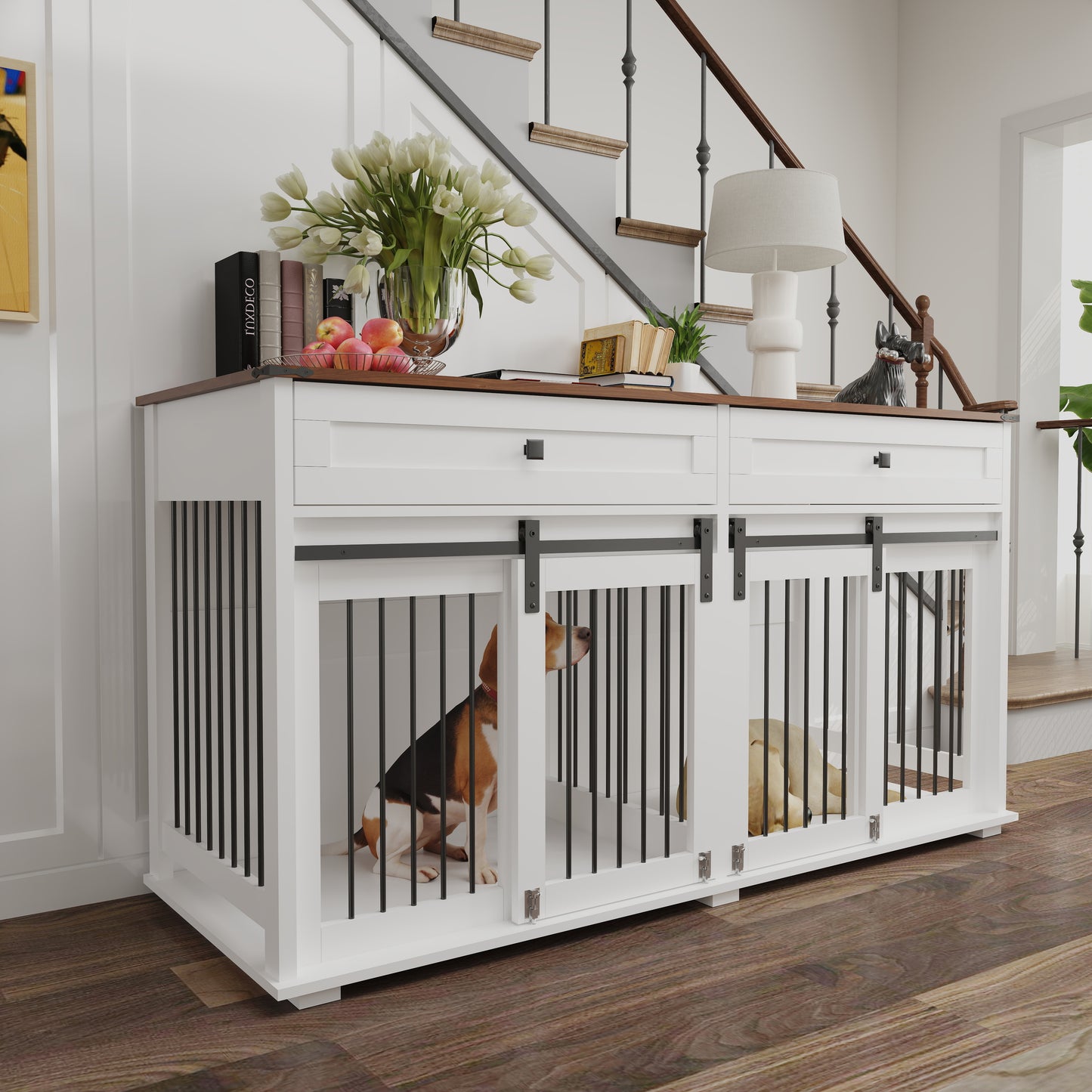 Large Wooden Dog Crate Furniture for Double Dogs with Storage, Divider & Sliding Doors