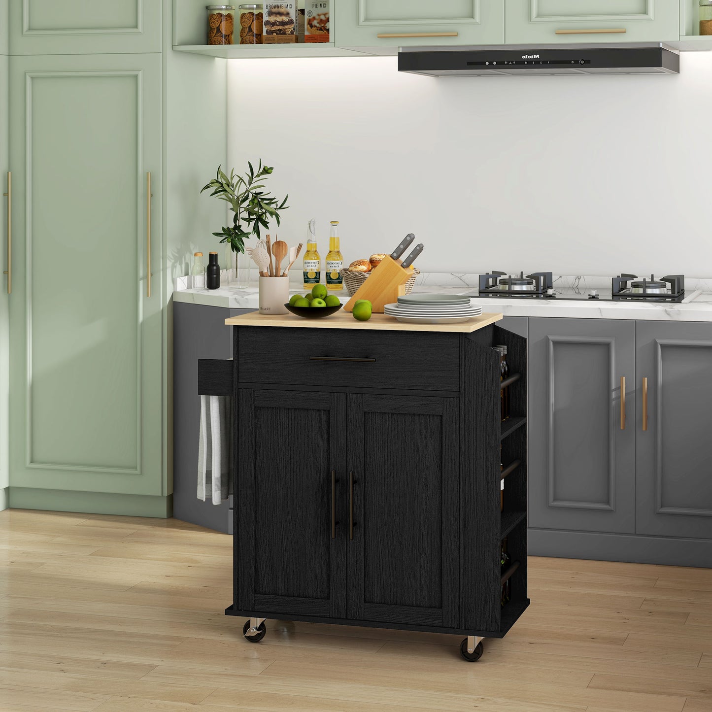 Rolling Kitchen Island Cart with Power Outlets & Storage - Black