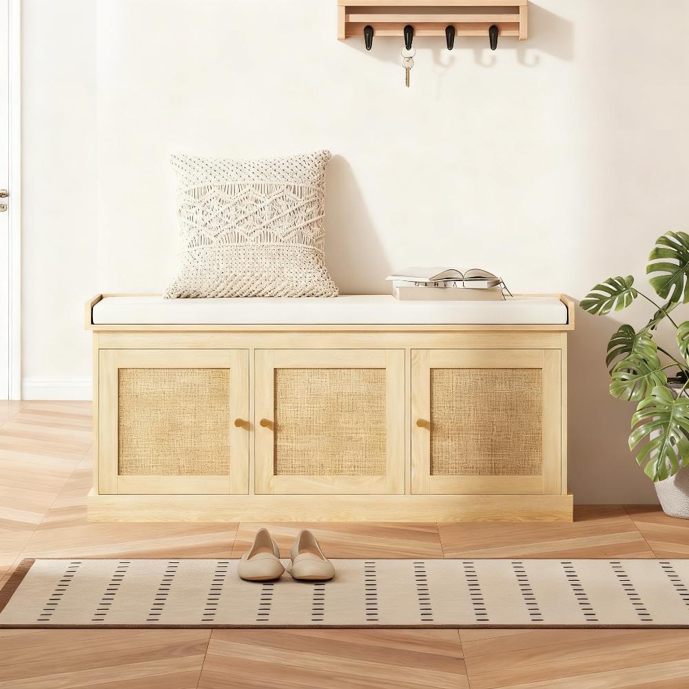 Shoe Storage Bench with Woven Rattan Doors - Cream White Oak