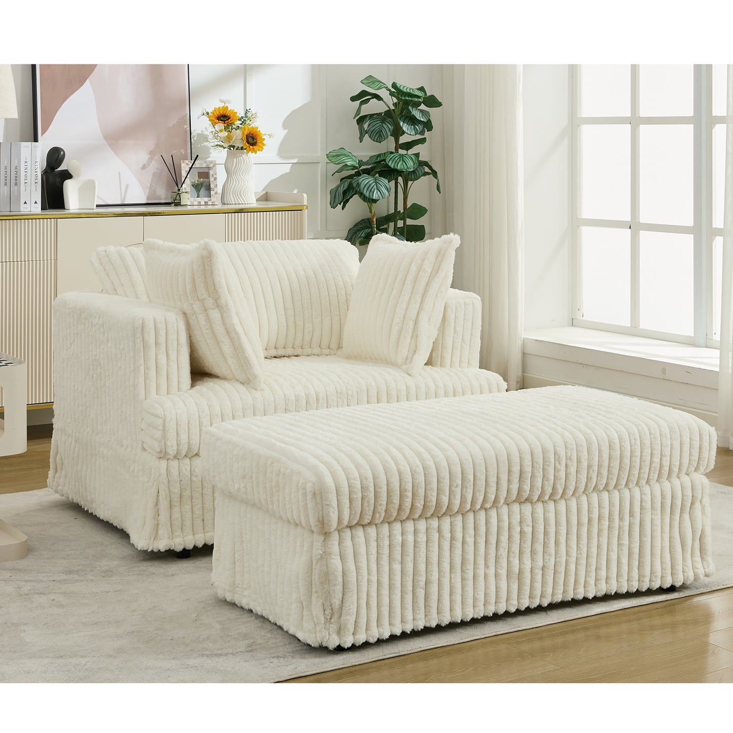 Oversized Corduroy Chaise Longue with Ottoman - Beige