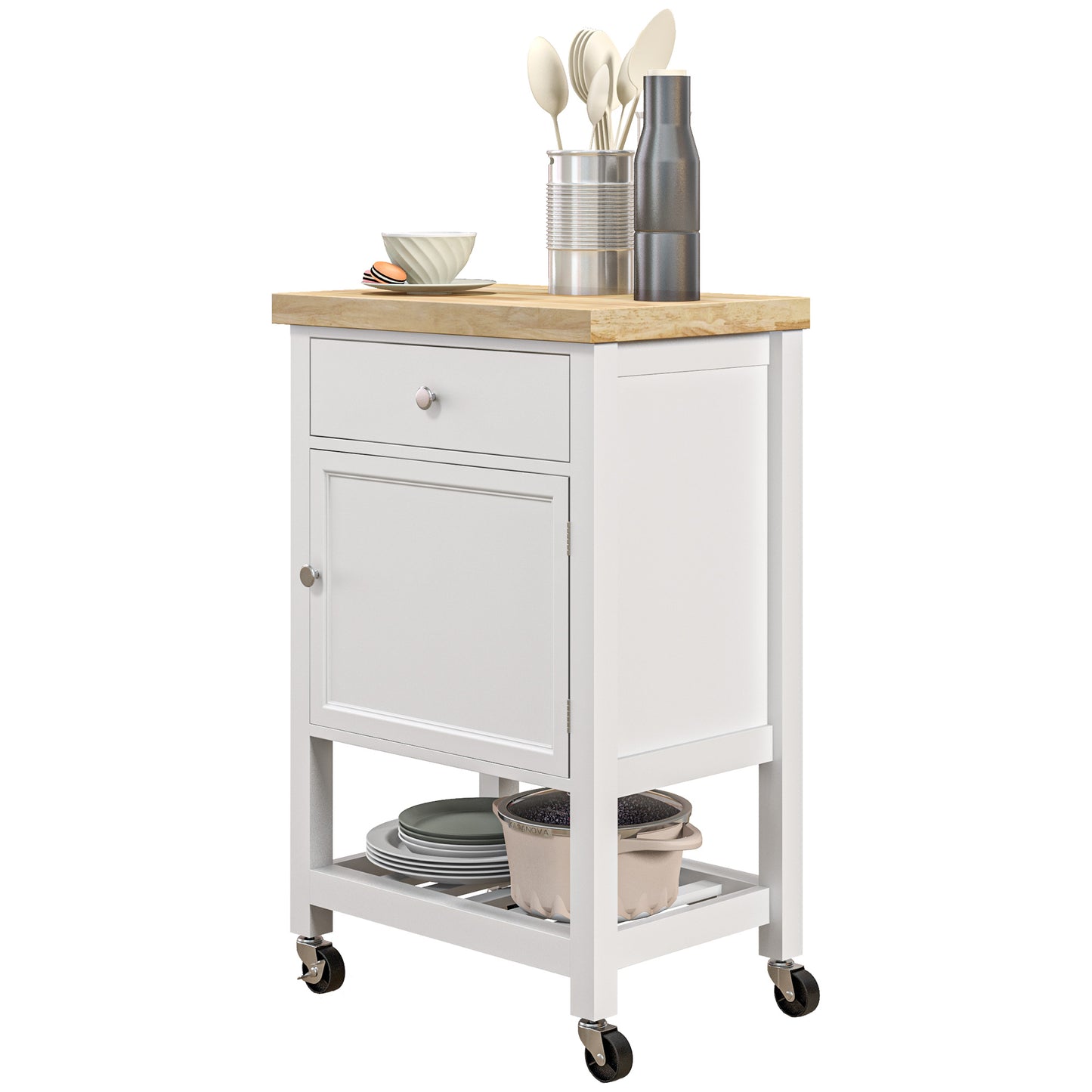 Rolling Kitchen Cart with Rubberwood Top, Drawer, and Wine Rack - White
