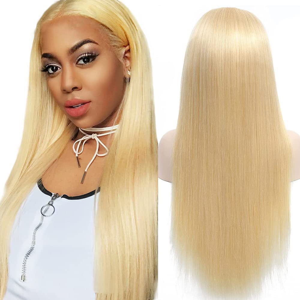 Long Straight Synthetic Wig with Lace Front - Gold Color, 65cm