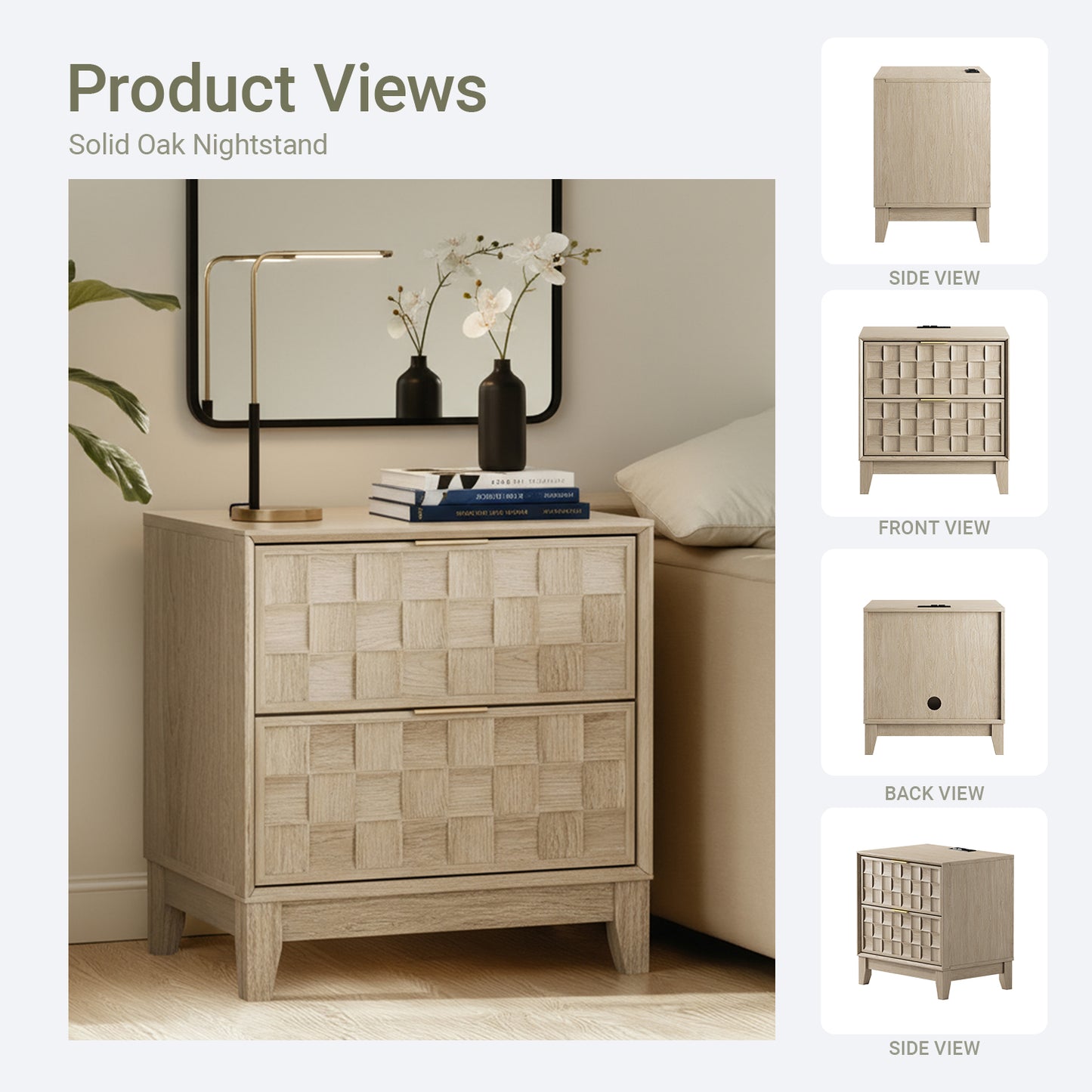 Wooden Night Stand with Charging Station & 2 Drawers