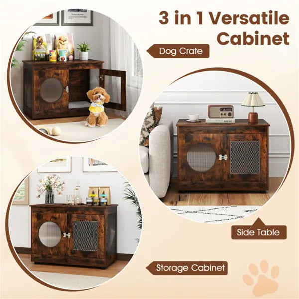 2-in-1 Dog Crate End Table - Rustic Brown, 88lbs Capacity, Farmhouse Style