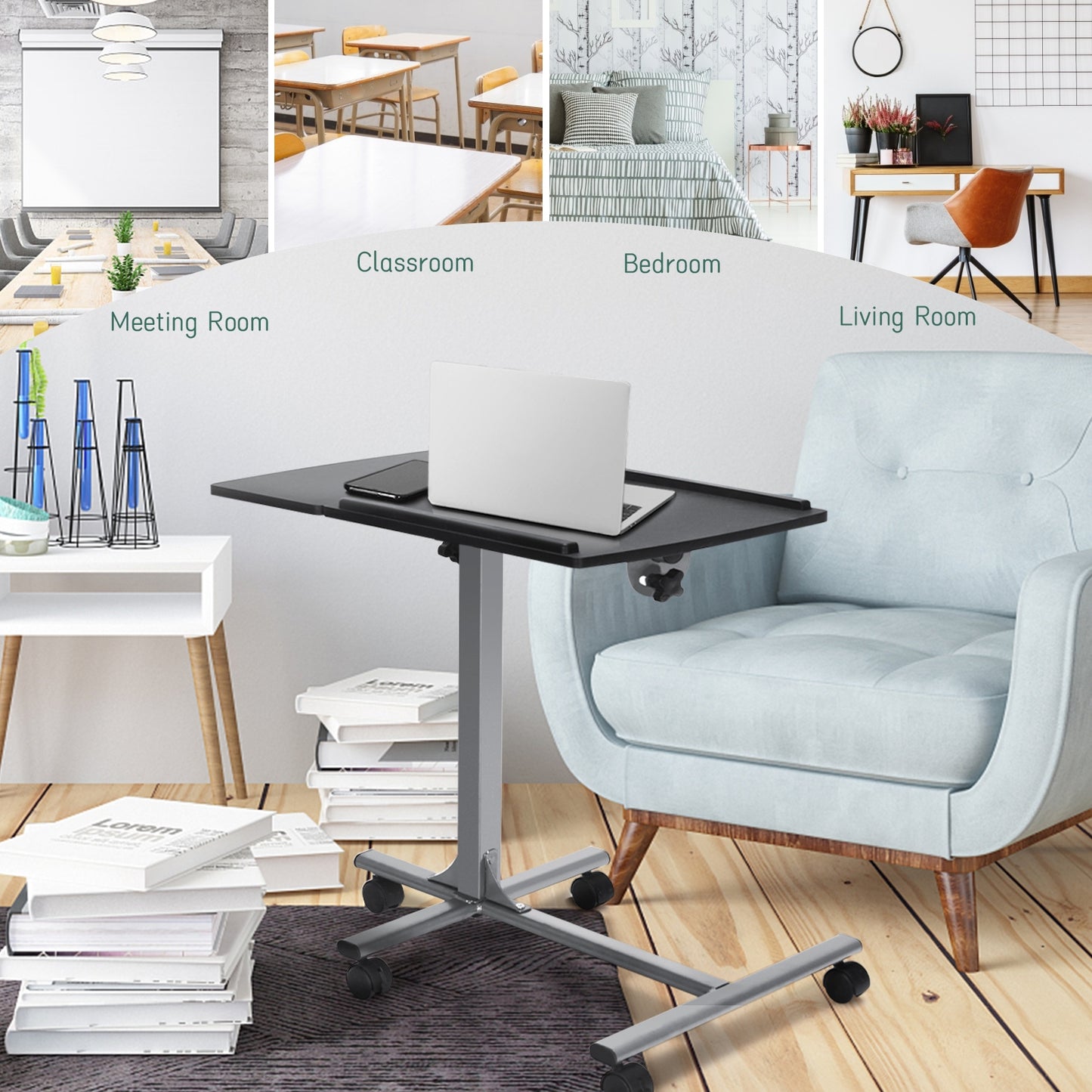 Adjustable Rolling Laptop Table with Lockable Wheels - Black