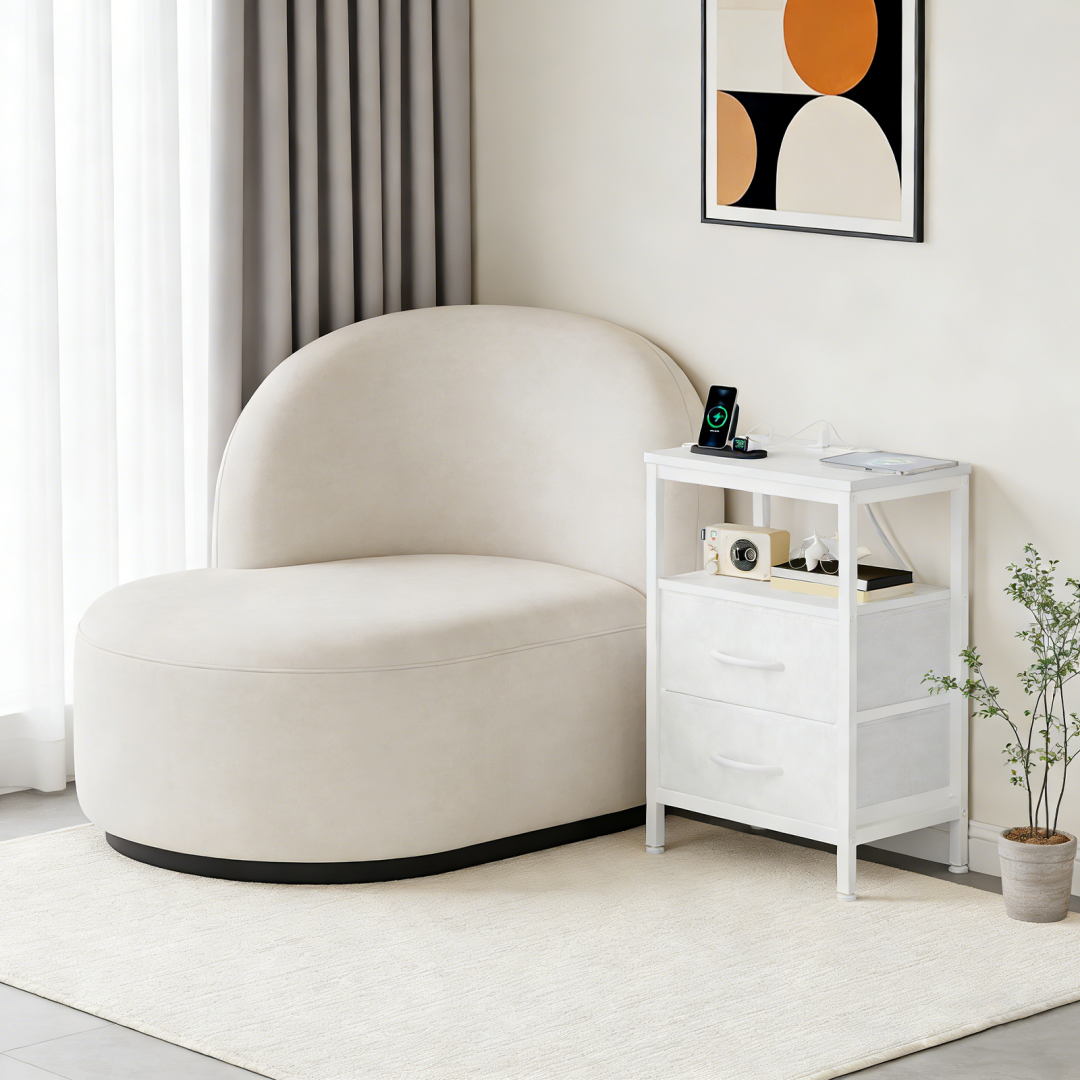 Small Bedside Table with Charging Station & Fabric Drawers - White