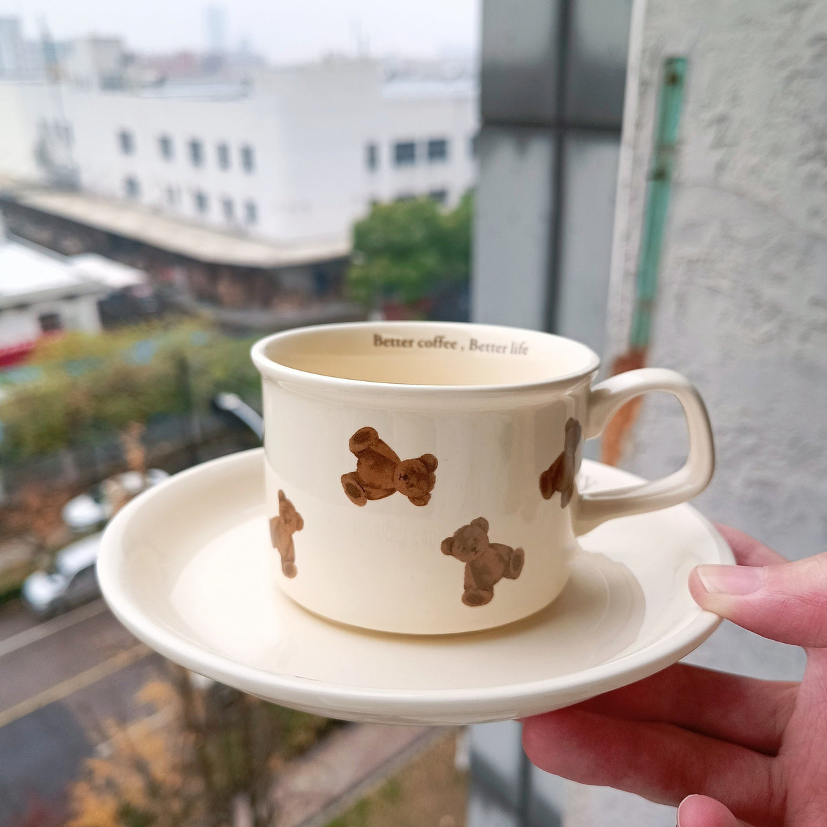 Cartoon Bear Coffee Cup and Saucer Set - Cute Ceramic Kitchen Dinnerware