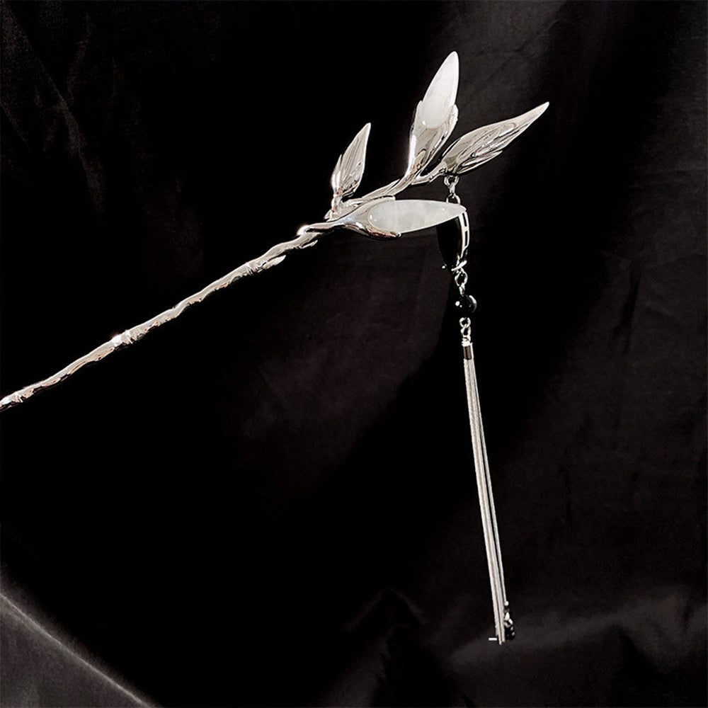Silver Bamboo Leaf Hairpin with Tassel