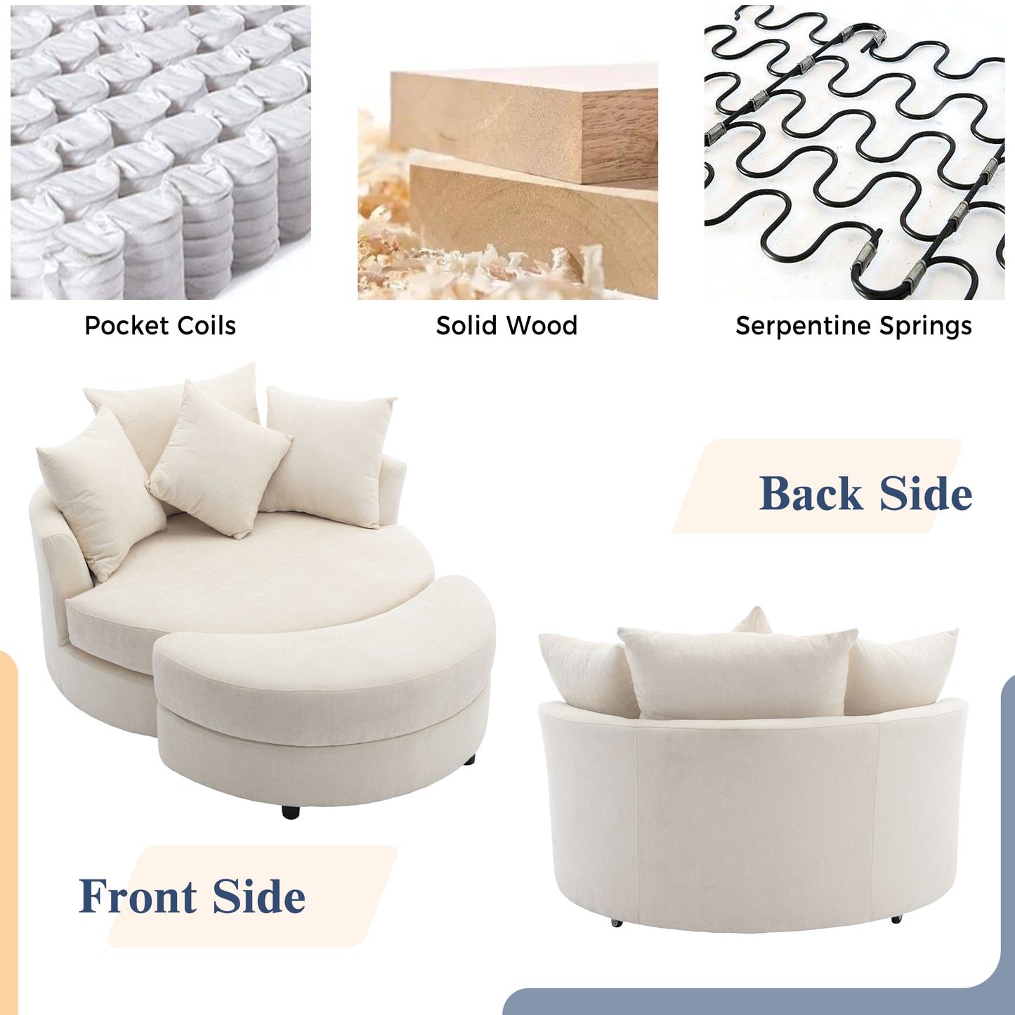 360° Swivel Accent Barrel Chair with Storage Ottoman & 4 Pillows - Cream