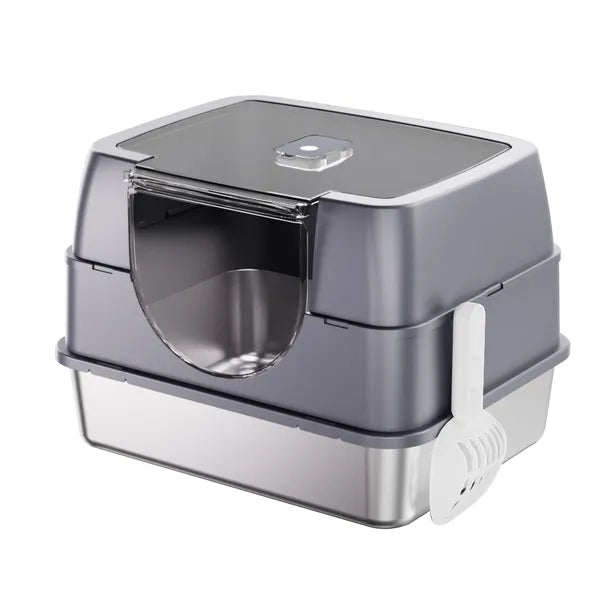 Enclosed Stainless Steel Cat Litter Box Odor Lock No Scatter Easy Clean White